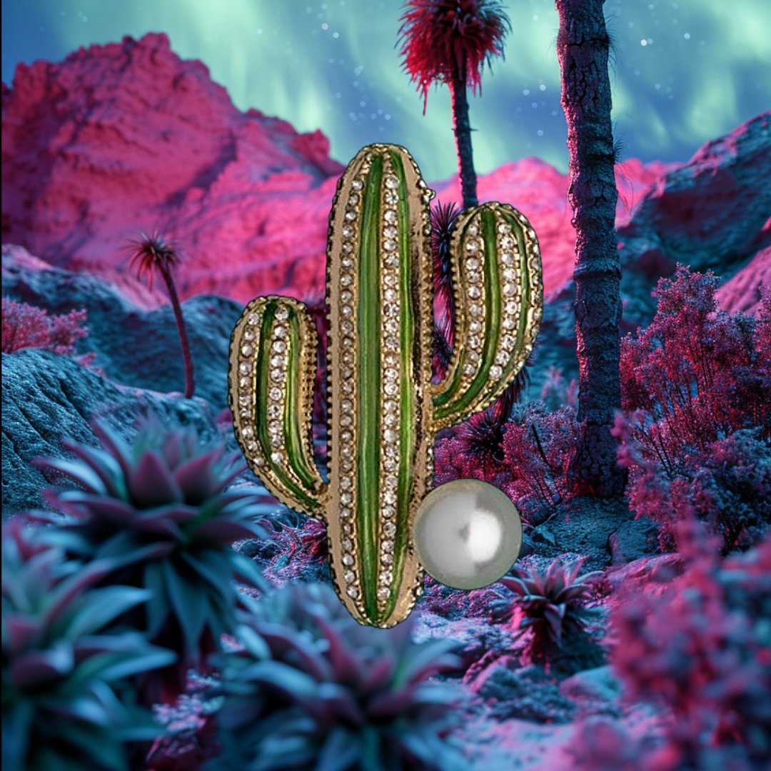 Vintage Cactus Brooch with Crystals and Pearl